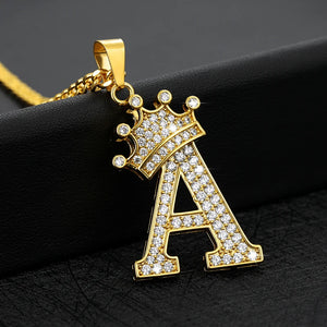 Crystal Crown Necklace Initial Letter Necklaces Hip Hop Alphabet Pendant