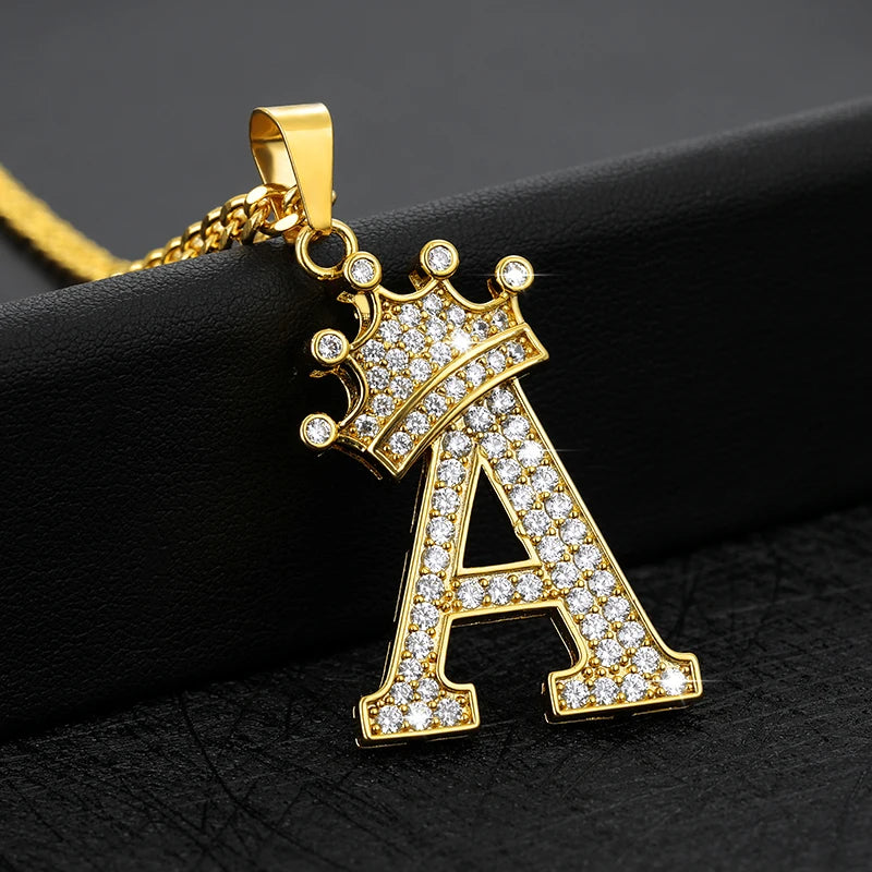 Crystal Crown Necklace Initial Letter Necklaces Hip Hop Alphabet Pendant