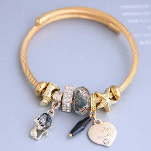 Crystal Cat Stainless Steel Heart Love Cuff Bangles for Women