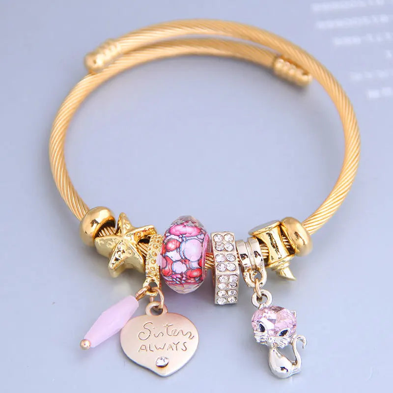 Crystal Cat Stainless Steel Heart Love Cuff Bangles for Women