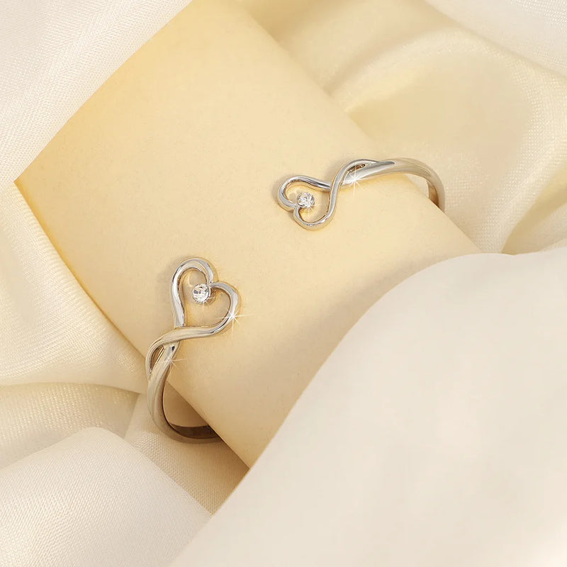 Crystal Double Heart Bowknot Bracelet Engraved Bangle