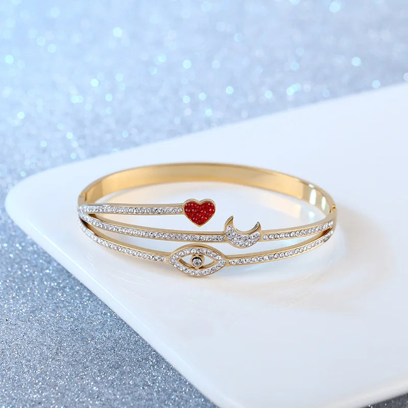 Crystal Heart Moon Eye Cuff Bangle Bracelet Women Girls Stainless Steel Bangles
