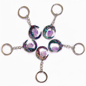 Purple Crystal Keychain, Gemstone Charm Keychain, Moon Keyring