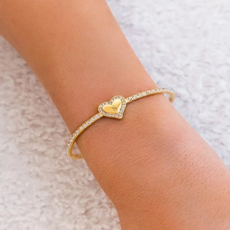 Personalized Heart Diamond Bangle With Initial Letter - Women's Bracelet