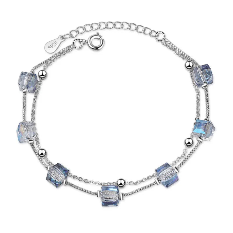 Crystal Magic Cube Double Chains Bracelet 925 Silver Jewelry