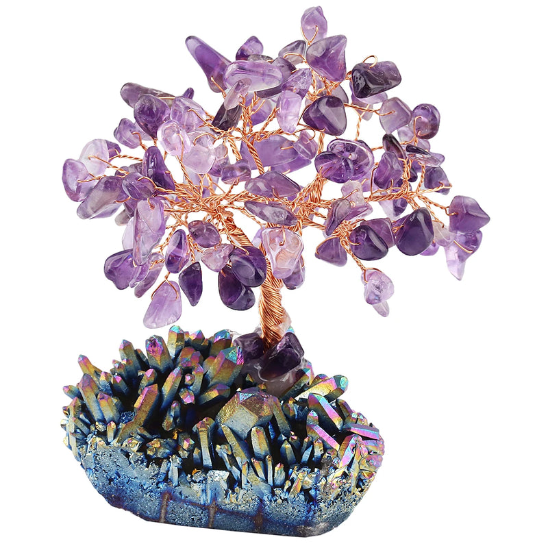 Crystal Money Tree with Rough Quartz Base and Amethyst Gravel Chip Minerals