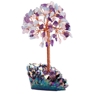 Crystal Money Tree with Rough Quartz Base and Amethyst Gravel Chip Minerals