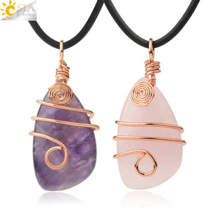 Wire Wrap Crystal Pendant Rose Necklace Amethyst Quartz G196