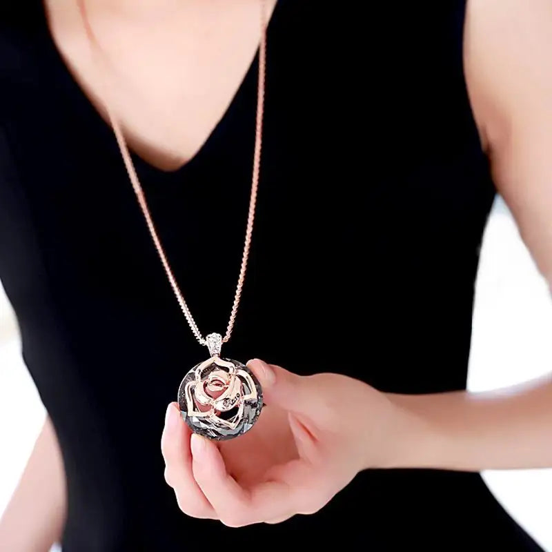 Crystal Flower Long Pendant Necklace Women Sweater Necklaces Jewelry