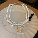 Crystal Bow Pearl Choker Necklace Key Lock Neck Chain