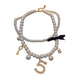 Crystal Bow Pearl Choker Necklace Key Lock Neck Chain