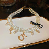 Crystal Bow Pearl Choker Necklace Key Lock Neck Chain
