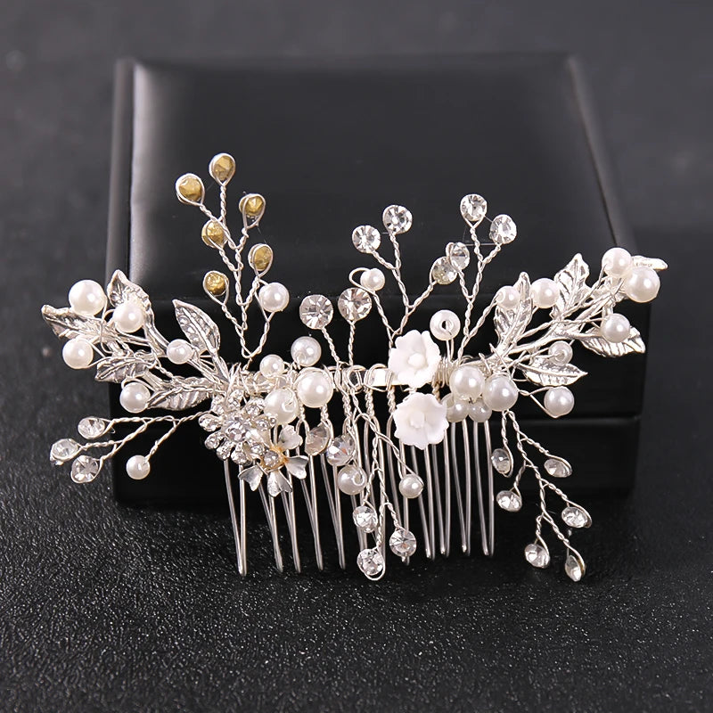 Rhinestone Flower Pearl Hair Comb Pin for Bride Wedding
