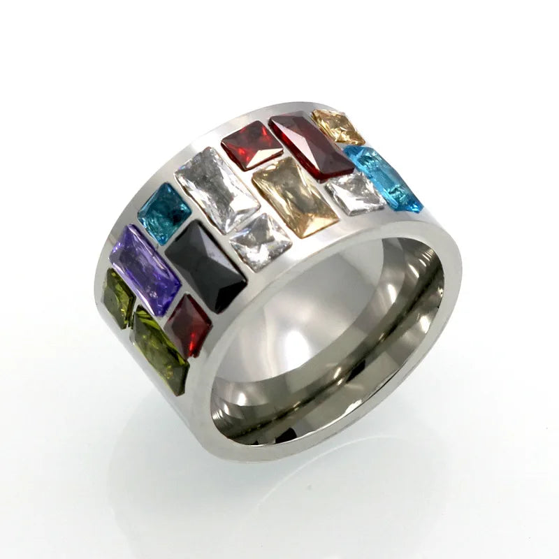 Women's Crystal Rainbow Stone Stainless Steel Wedding Ring