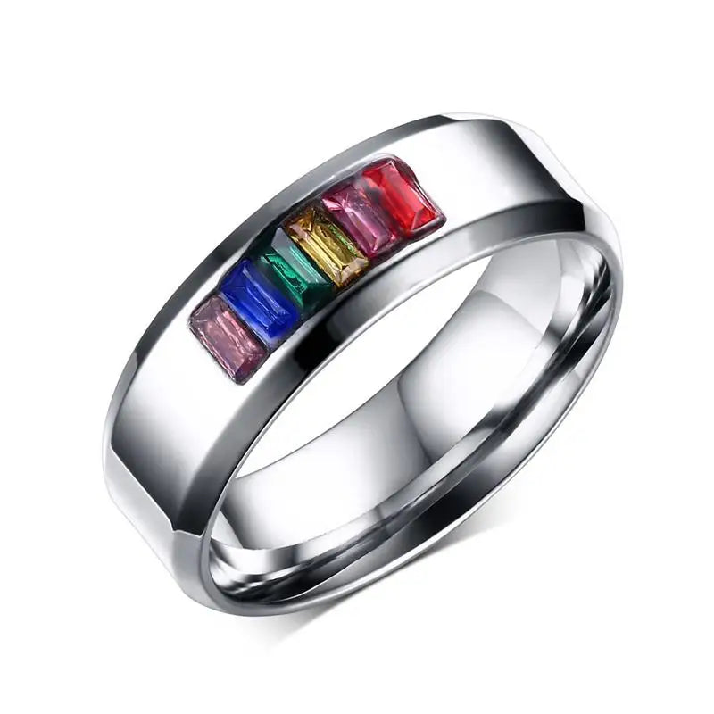 Stainless Steel Crystal Ring with Rainbow Stone