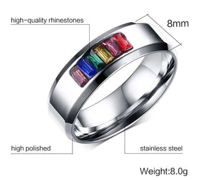 Stainless Steel Crystal Ring with Rainbow Stone
