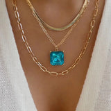 Crystal Round Droplet Square Pendant Necklace Snake Metal Girls Charm Jewelry