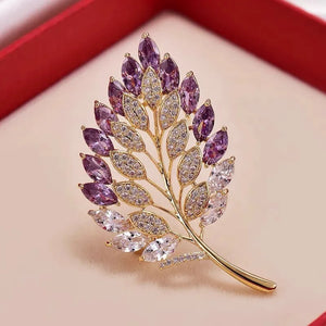 Crystal Shining Leaf Purple Brooch for Women