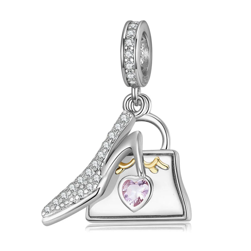 Crystal Shoe & Shopping Bag Silver Dangle Charm for Bracelets Necklaces