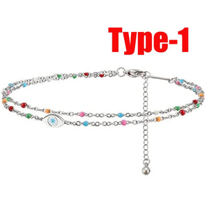 Crystal Stainless Steel Anklet Bells Demon Eye Charms Double Layer Foot Chain