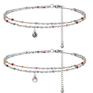 Crystal Stainless Steel Anklet Bells Demon Eye Charms Double Layer Foot Chain
