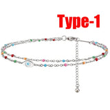 Crystal Stainless Steel Anklet Bells Demon Eye Charms Double Layer Foot Chain