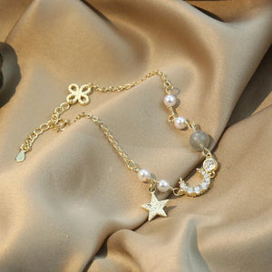 Crystal Star Moon Charm 925 Sterling Silver Bracelet For Women