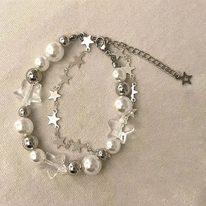 Crystal Star Pentagram Pearl Bracelet Vintage Double Layer Chain