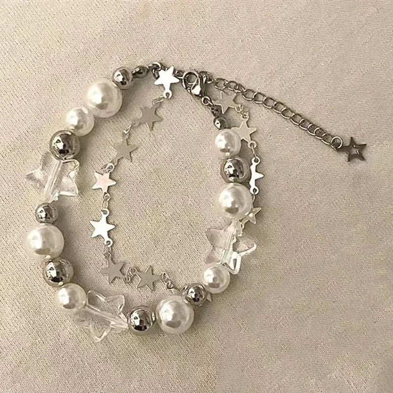 Crystal Star Pentagram Pearl Bracelet Vintage Double Layer Chain