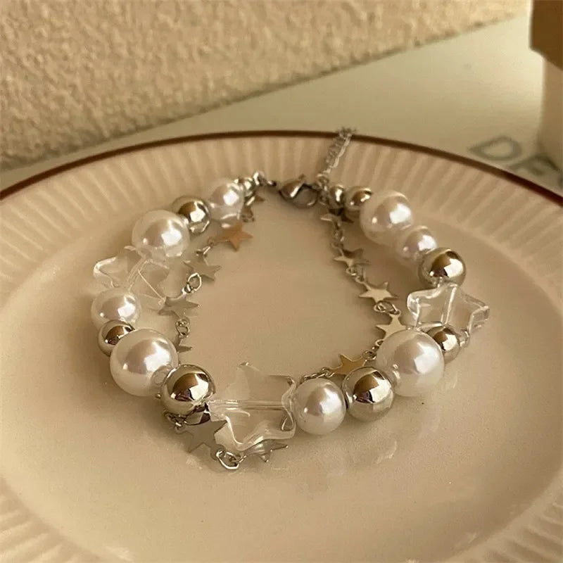 Crystal Star Pentagram Pearl Bracelet Vintage Double Layer Chain