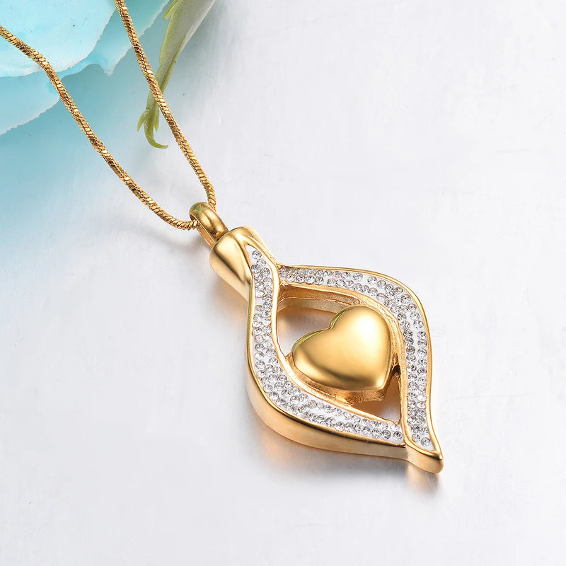 Crystal Teardrop Heart Cremation Urn Pendant Necklace