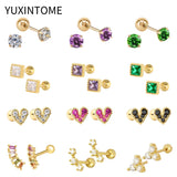 Crystal Tiny Screw Ball Stud Earrings 925 Sterling Silver Mini Small Earrings