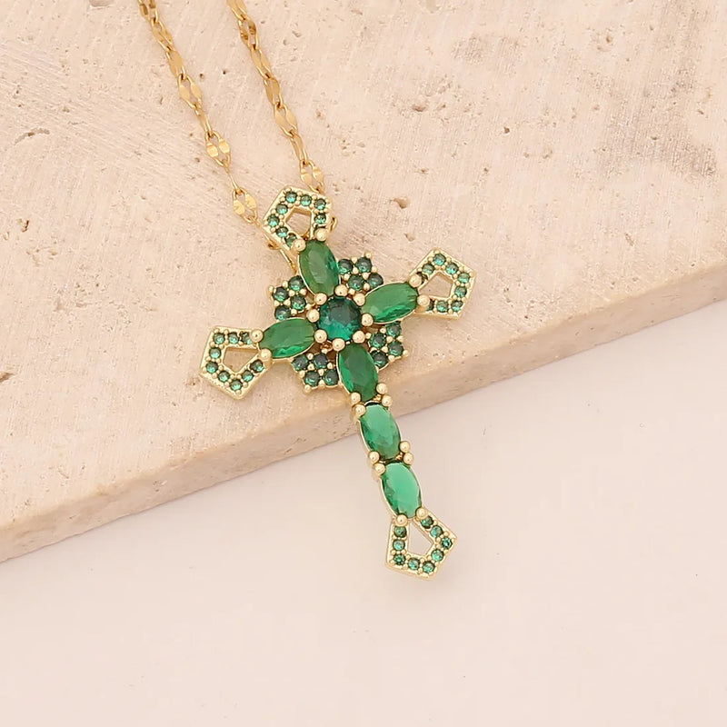 Crystal Zircon Cross Pendant Necklace for Women