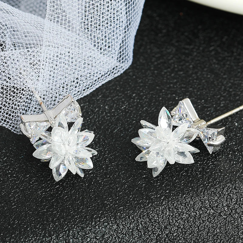 Crystal Ice Flower Bow Earrings, Sweet Zircon South Korea Earrings
