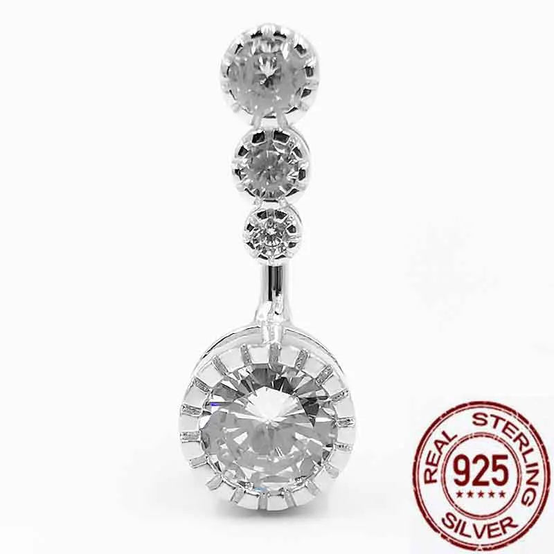 Crystal Zircon Belly Navel Bar Ring 925 Silver for Women Body Piercing