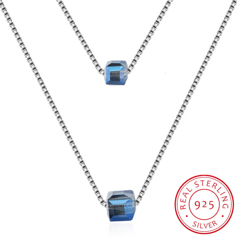 925 Silver Double Layer Necklace with Crystals Cube Beads Pendant