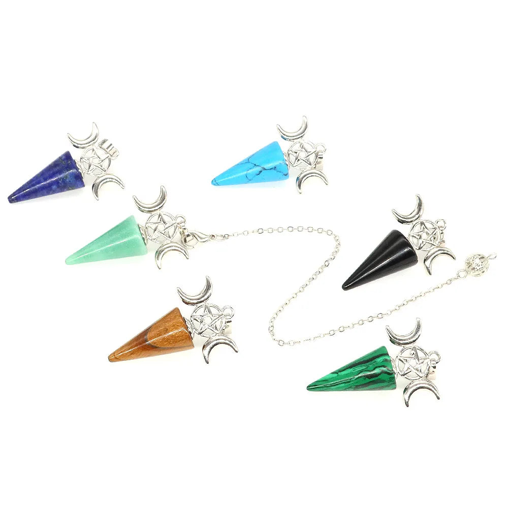 Moon Pentagram Cone Point Pendulum Natural Stones Reiki Healing Quartz Pendant