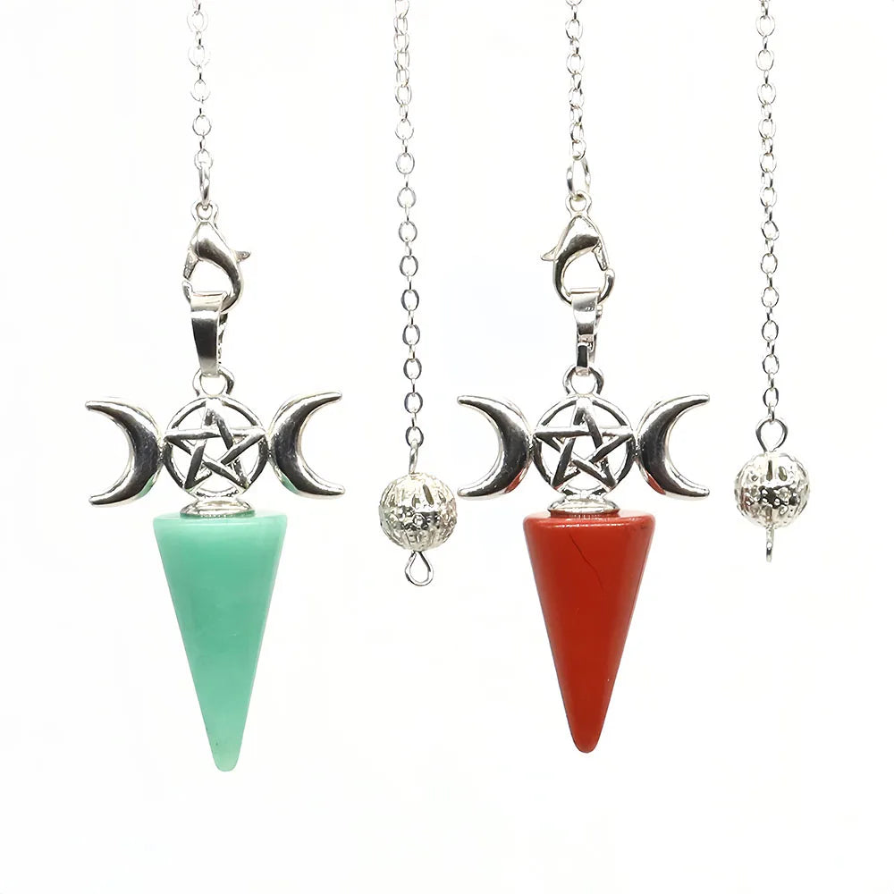 Moon Pentagram Cone Point Pendulum Natural Stones Reiki Healing Quartz Pendant