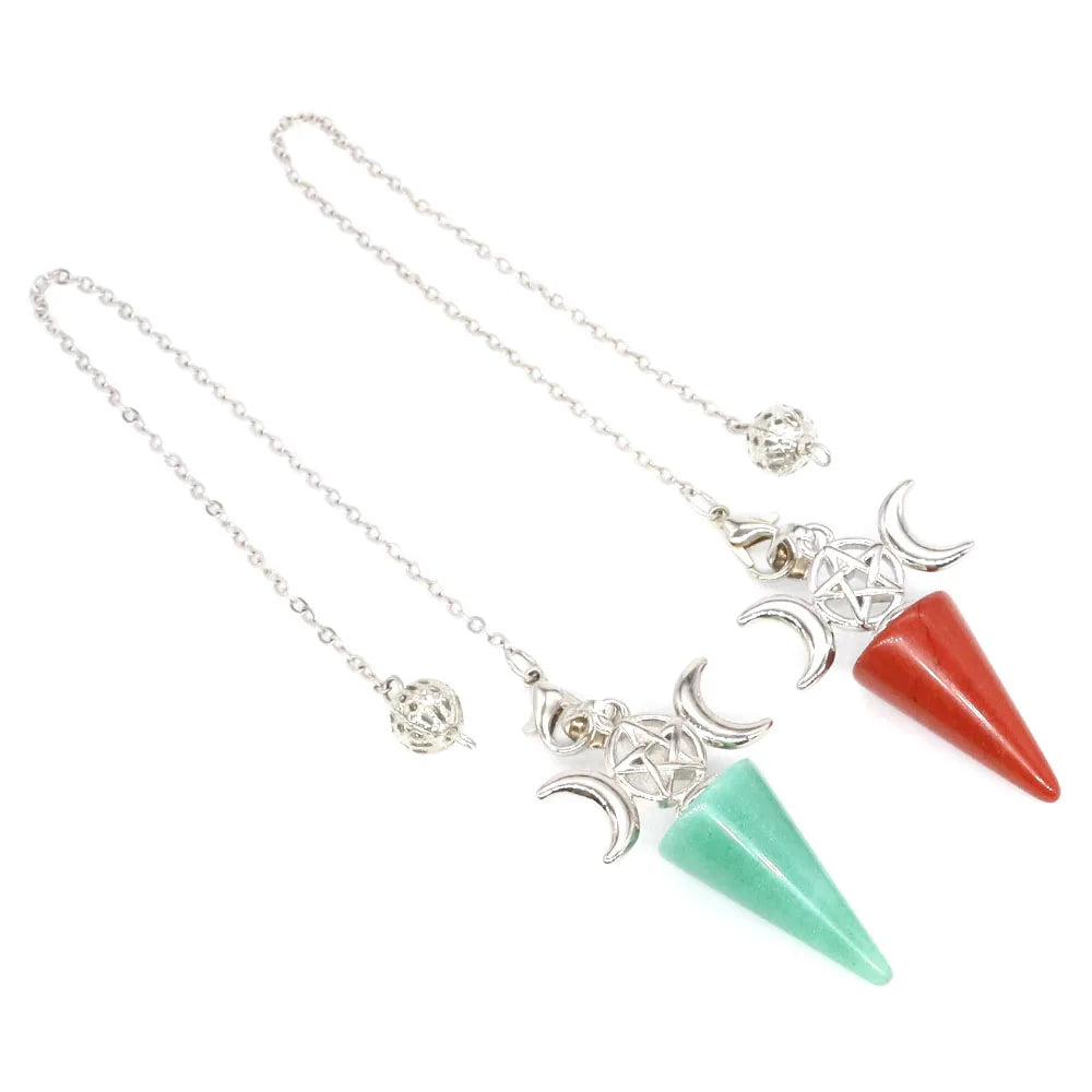 Moon Pentagram Cone Point Pendulum Natural Stones Reiki Healing Quartz Pendant