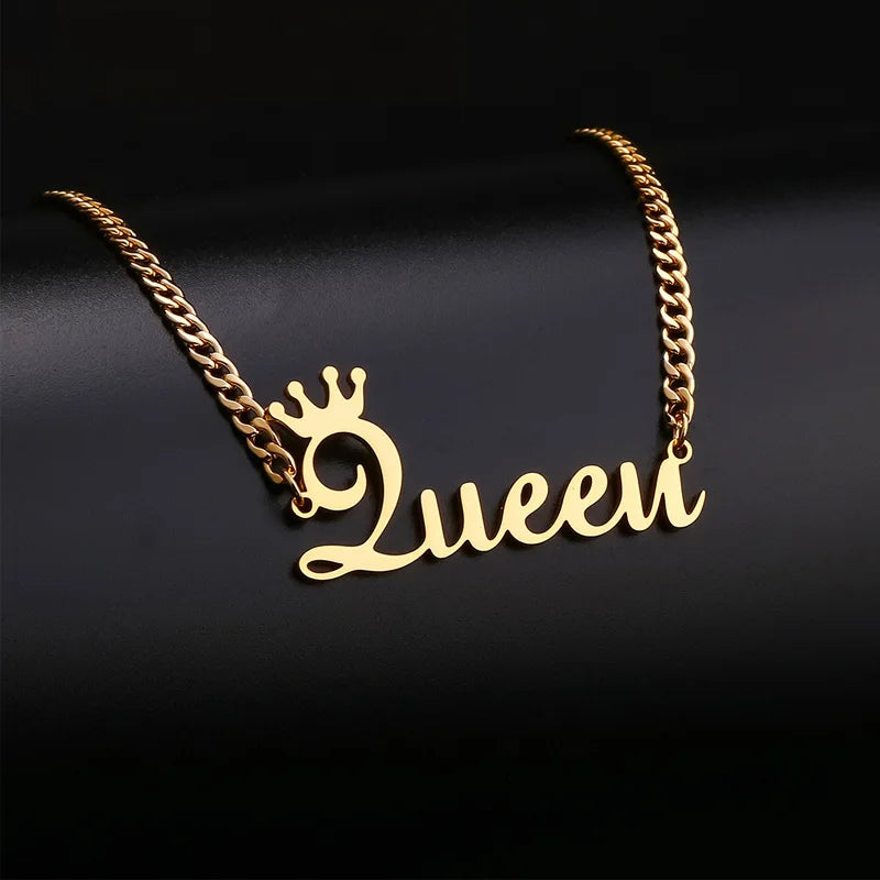 Cuban Link Chain Necklace Crown Initial Name Plated Stainless Steel