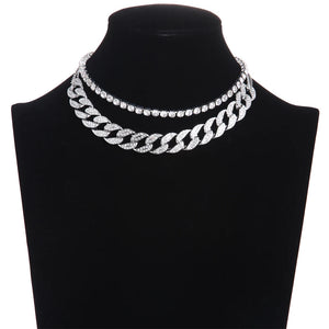 Cuban Link Chain Rhinestone Choker Women Layered Necklace Set