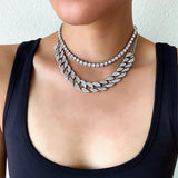 Cuban Link Chain Rhinestone Choker Women Layered Necklace Set