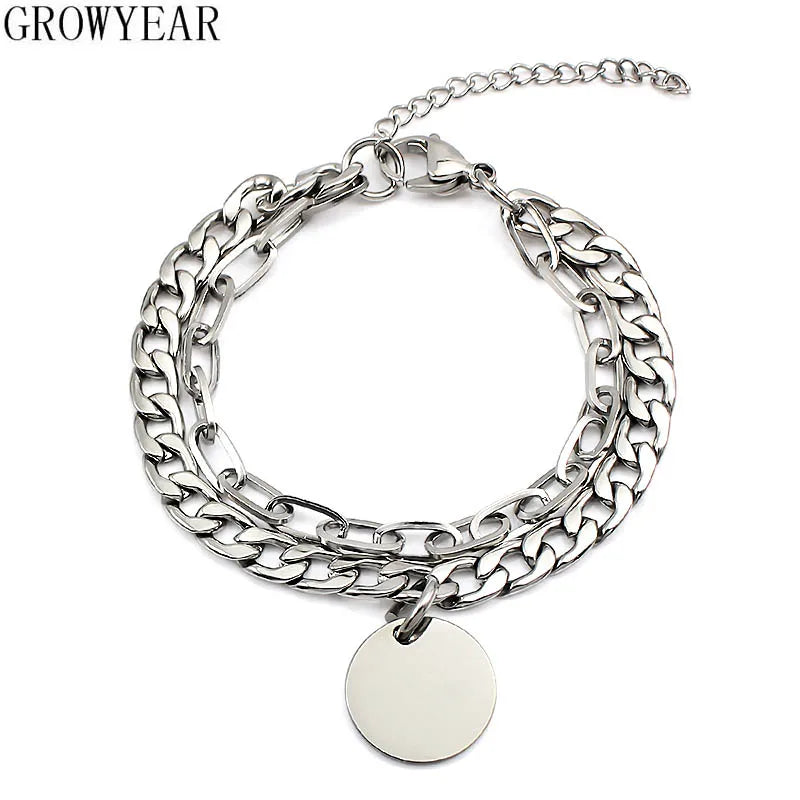 Cuban Link Chain Bracelets Round Disc Charm Engravable Logo Stainless Steel