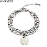 Cuban Link Chain Bracelets Round Disc Charm Engravable Logo Stainless Steel