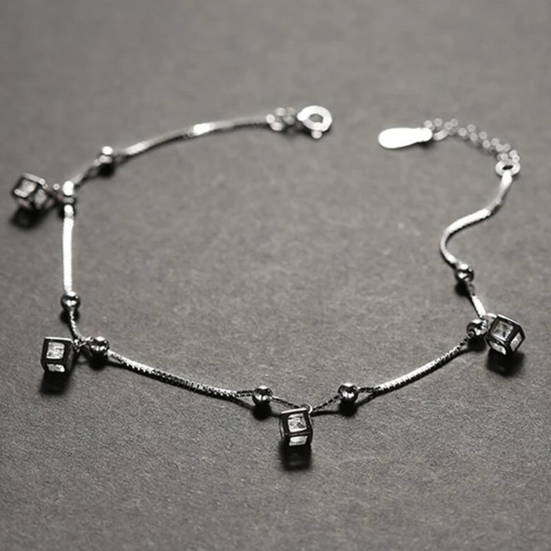 925 Silver Cube Anklets with CZ Stone, 21.5+3cm Length