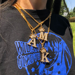 Cubic Zircon Crown Alphabet Necklace Stainless Steel Initial Letter Pendants