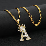 Cubic Zircon Crown Alphabet Necklace Stainless Steel Initial Letter Pendants