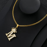 Cubic Zircon Crown Alphabet Necklace Stainless Steel Initial Letter Pendants
