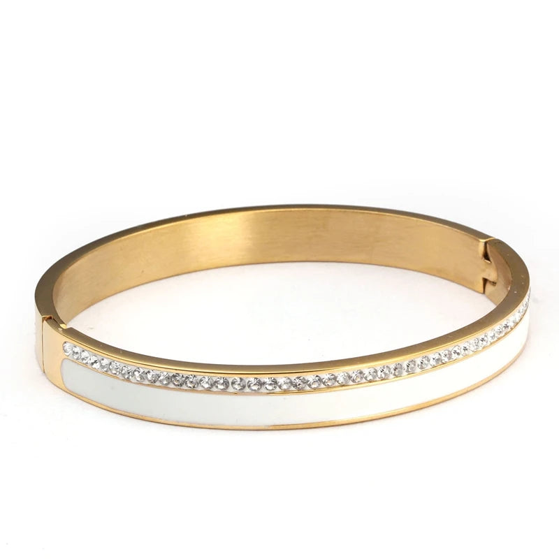 Golden CZ Crystal Stainless Steel Round Bracelet with Charm