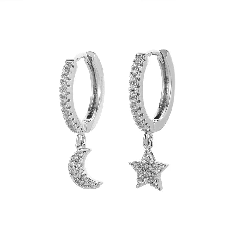 Star Moon Cross Hoop Earrings French Huggie